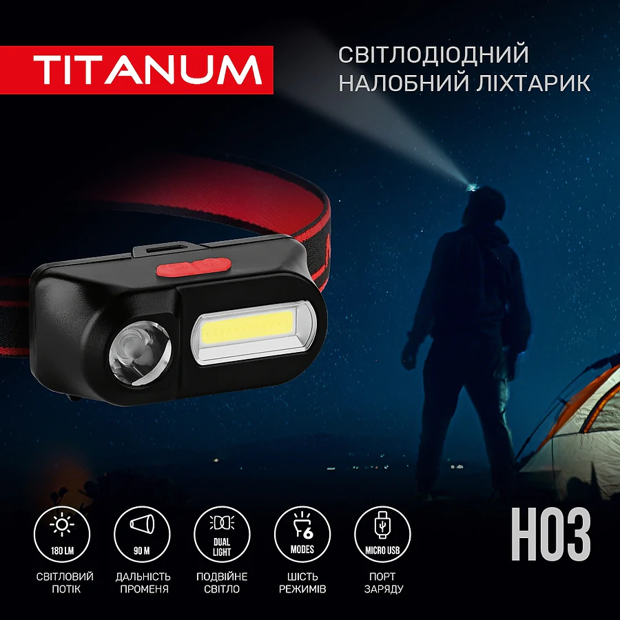 Налобний світлодіодний ліхтар TITANUM 180Lm 6500K