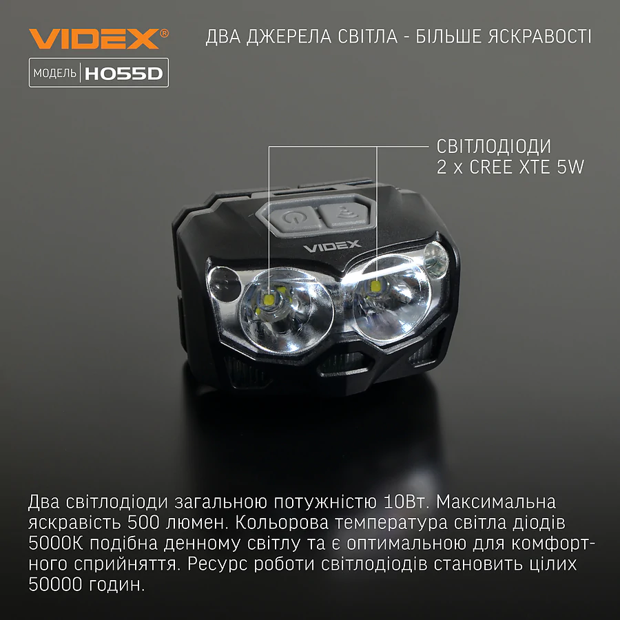 Налобний світлодіодний ліхтар VIDEX 500Lm 5000K