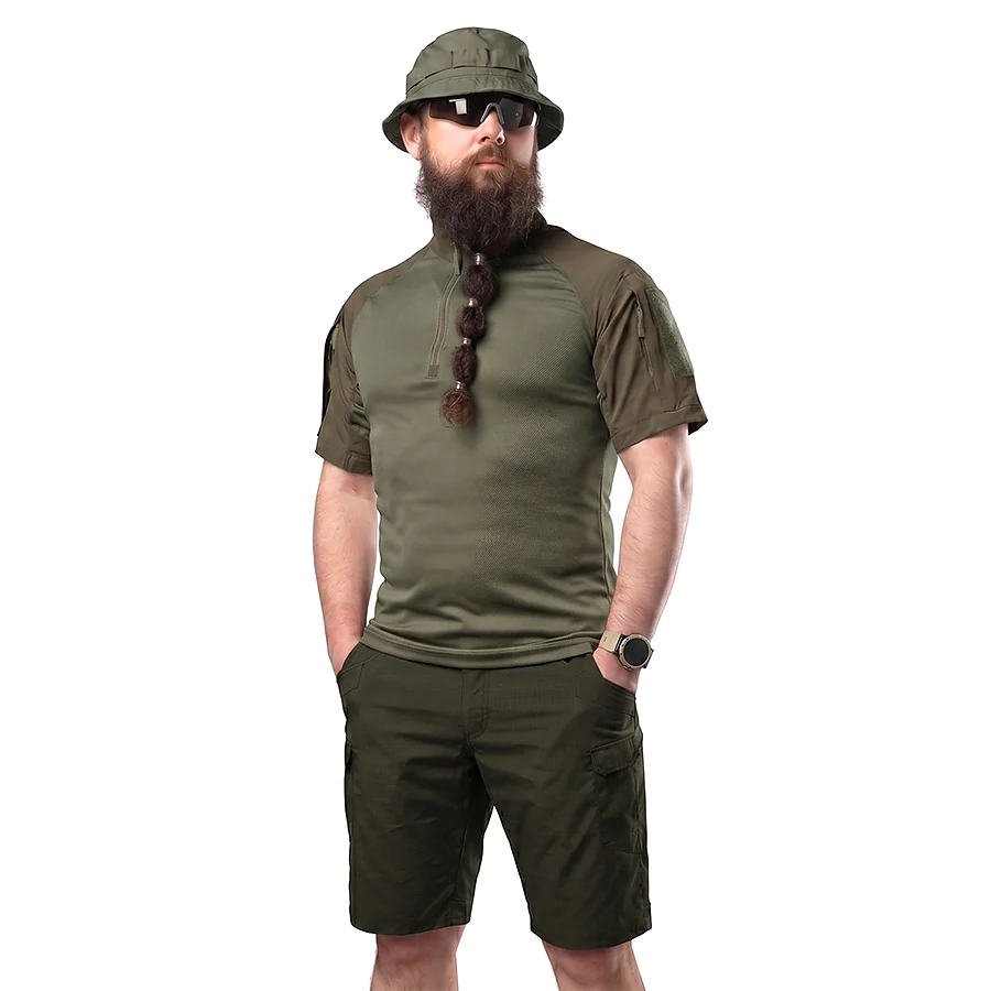 Тактичний літній костюм з убаксом Combatant Raider Core короткий рукав та шортами Rip-Stop PolyCotton SPECPROM. Олива