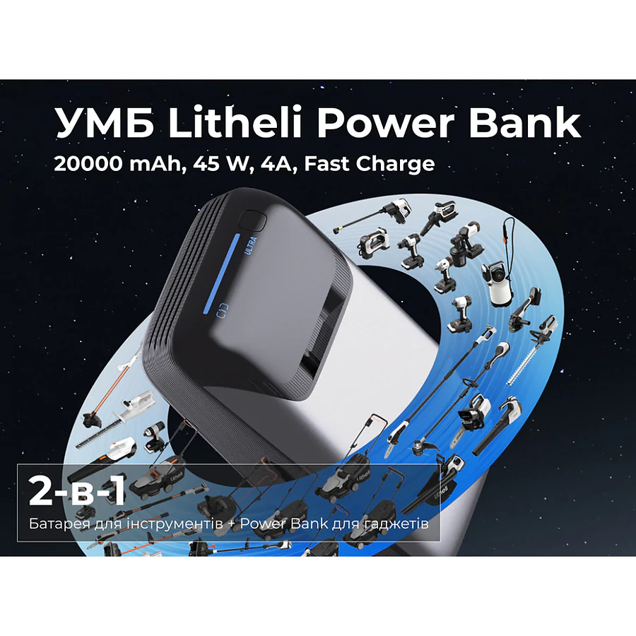 УМБ Litheli Power Bank 20000 mAh, 45 W, 4А, Fast Charge, Bluetooth. Білий