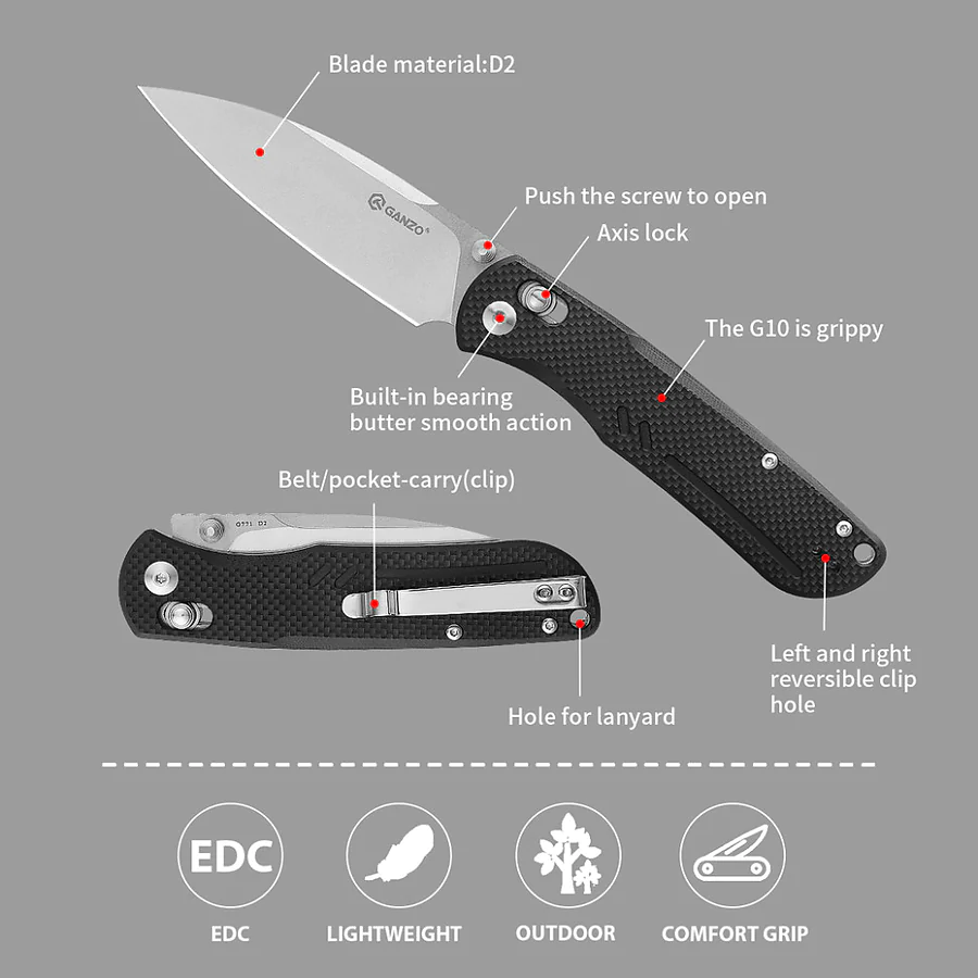 Нож складной туристический Ganzo G771 8.8 см D2 / G10. Черный