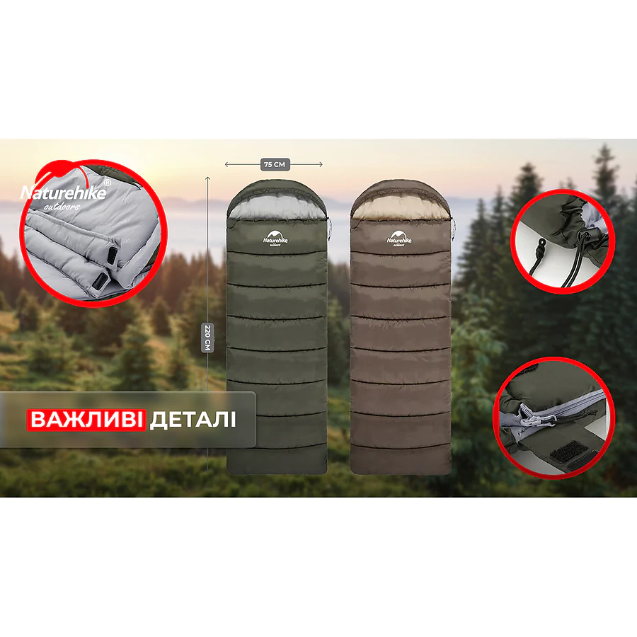 Спальник с капюшоном правый (1°C) Naturehike U350 NH20MSD07. Зеленый