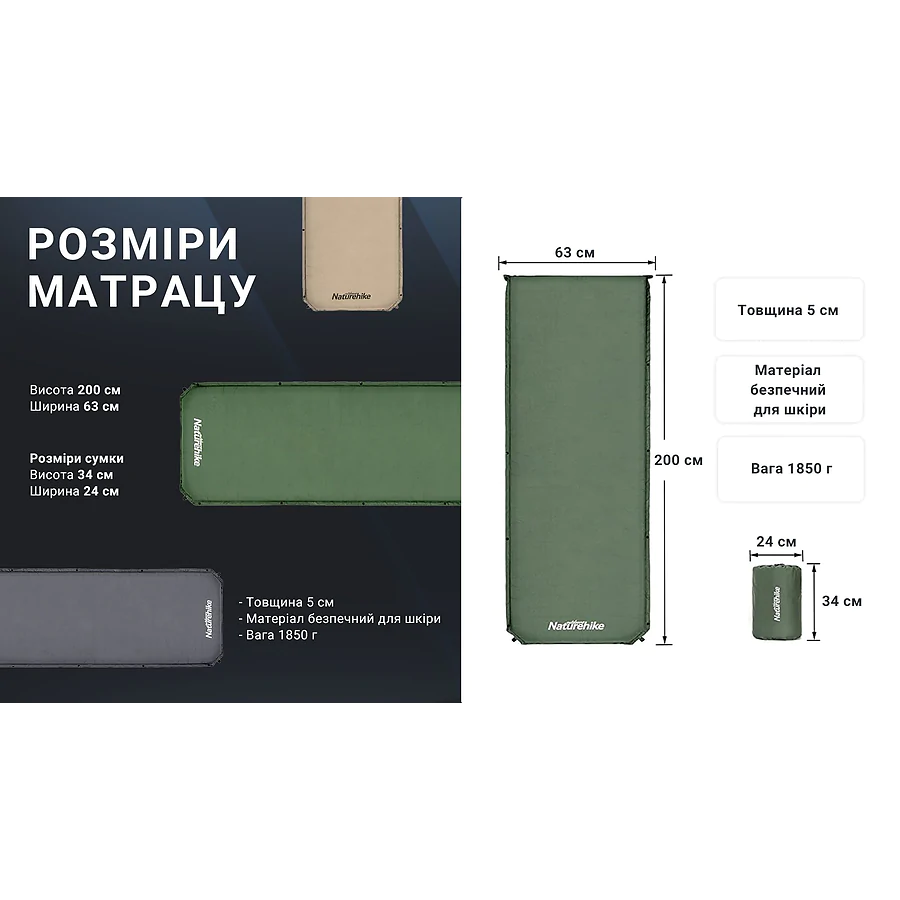 Матрас самонадувающийся 5 см Naturehike NH20DZ003. Зеленый