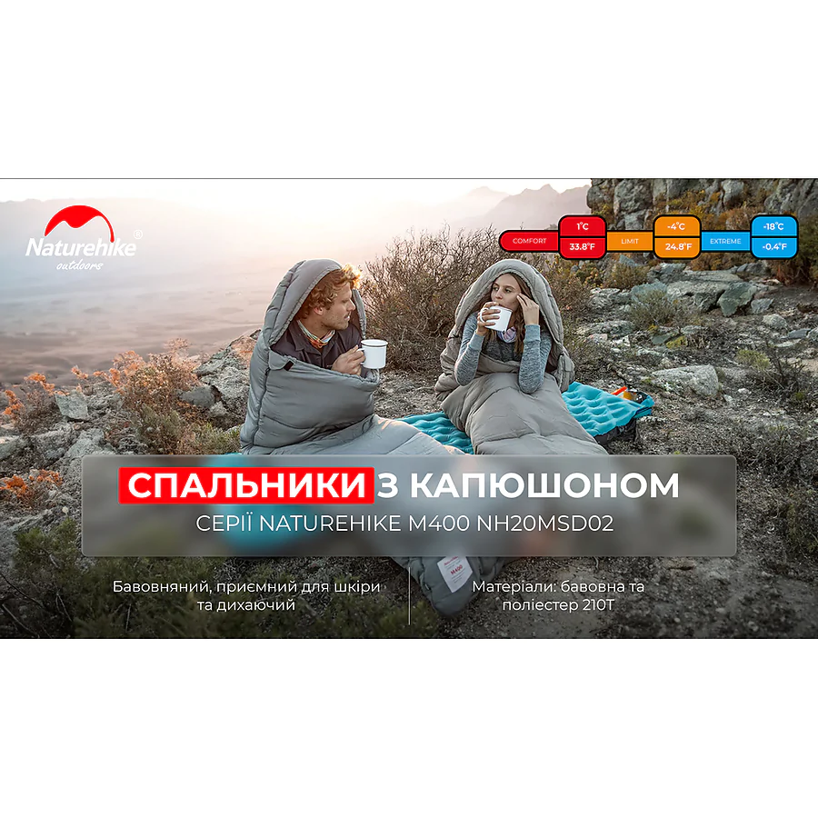 Спальник с капюшоном Naturehike M400 NH20MSD02, (1°C), левый, зеленый