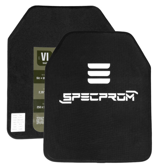 Керамическая бронеплита SPECPROM Sic+PE 6-го класса. Вес 2.3 кг. Размер 25 на 30 см. Черная