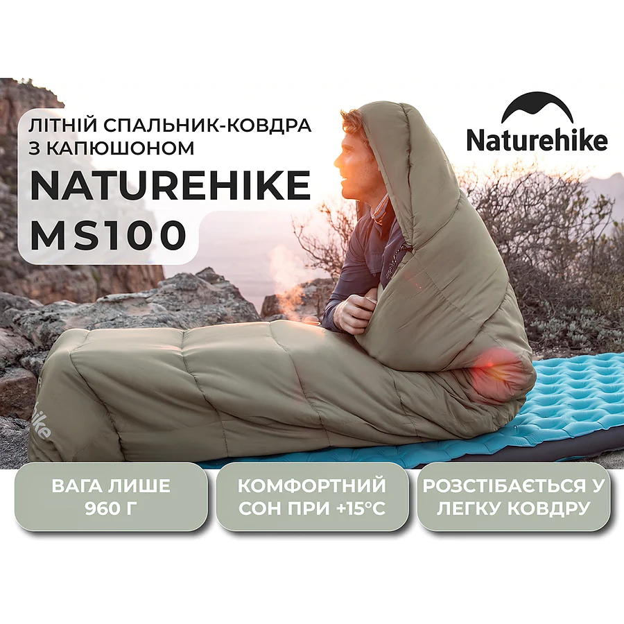 Спальный мешок с капюшоном Naturehike MS100 CNK2350WS023 правый. Олива