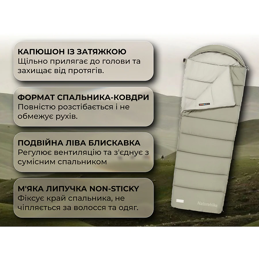 Спальный мешок с капюшоном Naturehike MS100 CNK2350WS023 правый. Олива
