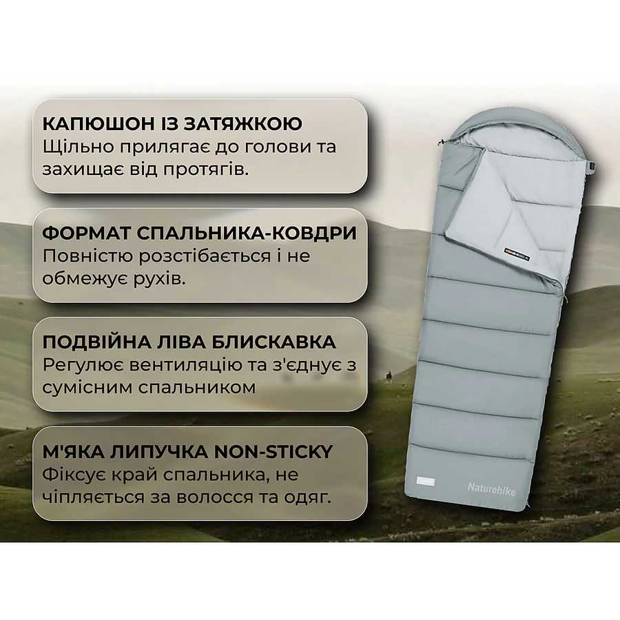 Спальный мешок с капюшоном Naturehike MS300 CNK2350WS023 левый. Серый