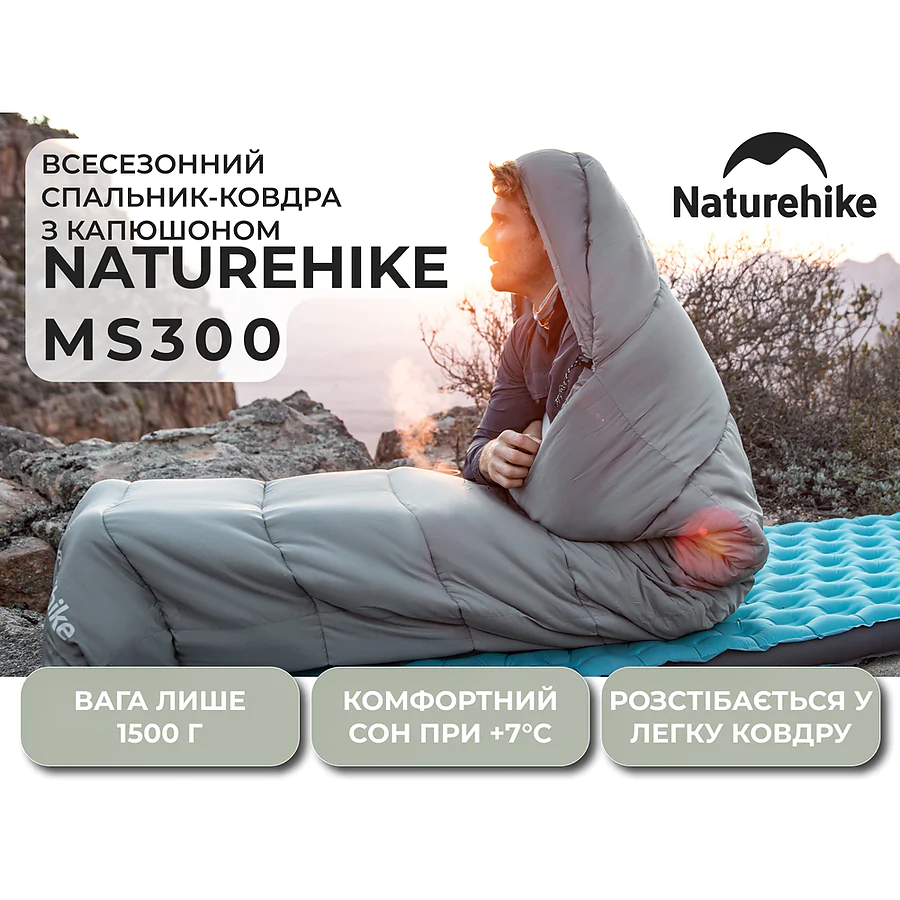 Спальный мешок с капюшоном Naturehike MS300 CNK2350WS023 левый. Серый
