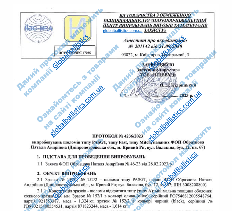 Протокол випробувань шоломів Global Ballistics Fast Mitch